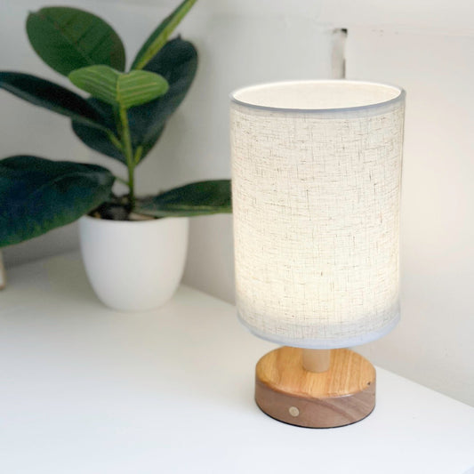 Cordless Table Lamp | USB Rechargeable | Linen Shade with Wooden Base | 10.6" Portable Ambient Light