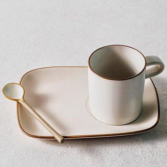 Stoneware Coffee Cup & Saucer Set | White | Large Snack Plate | Tea & Coffee | Brick by Brick