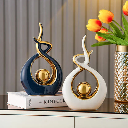 Abstract Ceramic Sculpture | Modern Decor with Gold Accents | Shelf or Desk Ornament