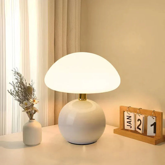 Mushroom-Style Table Lamp | 7.9 × 8.7 in | Cream Ceramic | Modern Bauhaus Design | LED Ambient Light | Brick by Brick